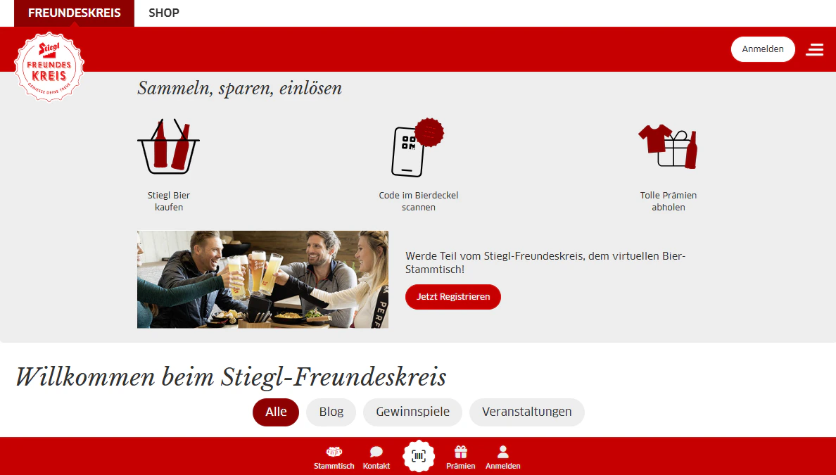 Website-Interface der Stiegl-Freundeskreis App zum Sammeln von Prämien und Scannen von Bierdeckeln.