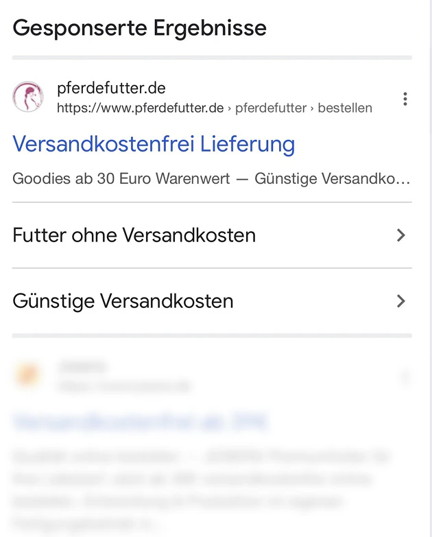 Mobiles Google-Suchergebnis mit gesponserten Textanzeigen von pferdefutter.de