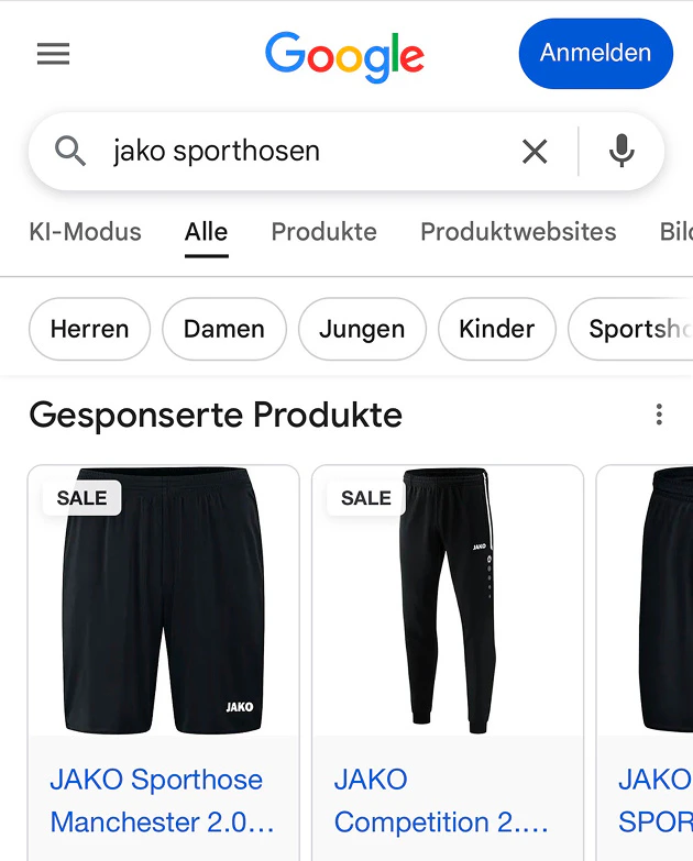 Mobiles Google-Suchergebnis für jako sporthosen mit gesponserten Produktanzeigen