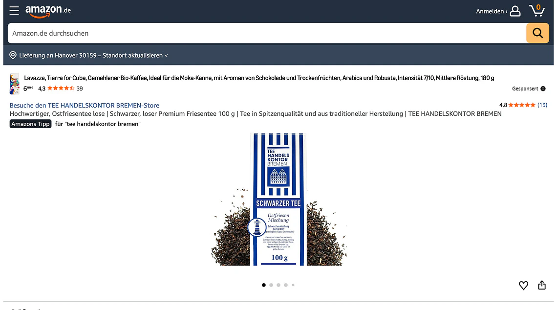 Optimierte Produktdarstellung für Ostfriesentee vom Tee Handelskontor Bremen auf Amazon.de.