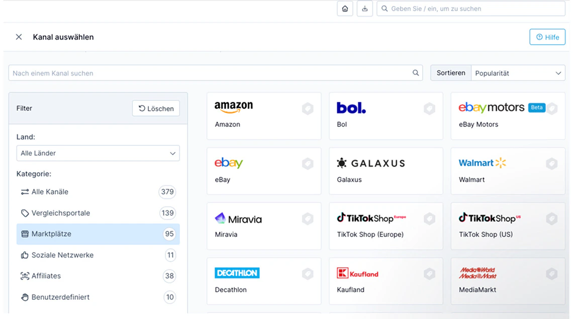 Auswahlmenü für Marktplätze wie Amazon, eBay und TikTok Shop in einer E-Commerce-Software.
