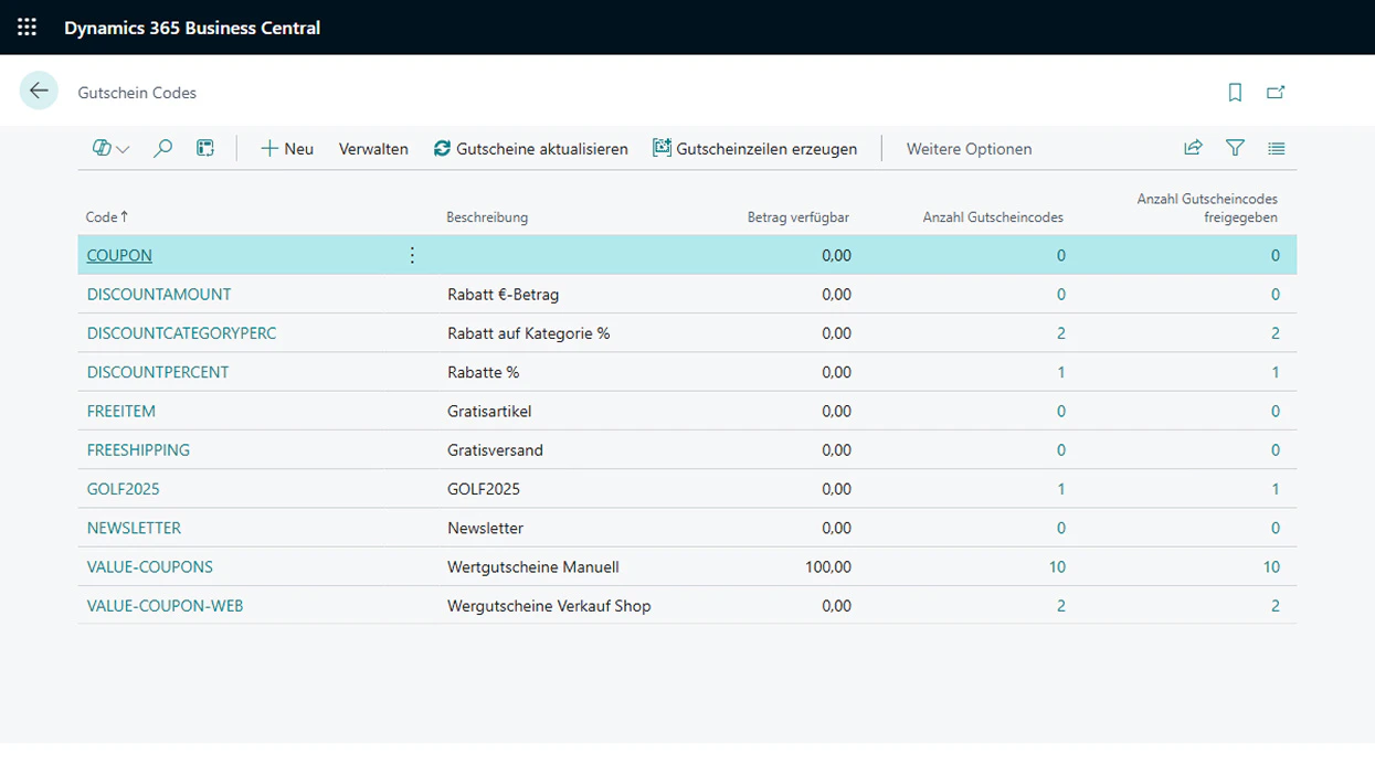 Benutzeroberfläche von Microsoft Dynamics 365 Business Central zur Verwaltung von Gutscheincodes für E-Commerce-Kampagnen.