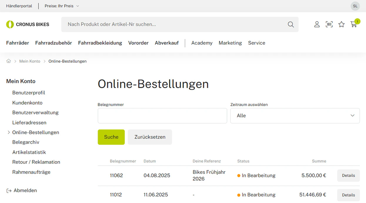 Übersicht der Online-Bestellungen im B2B-Onlineshop von Cronus Bikes.
