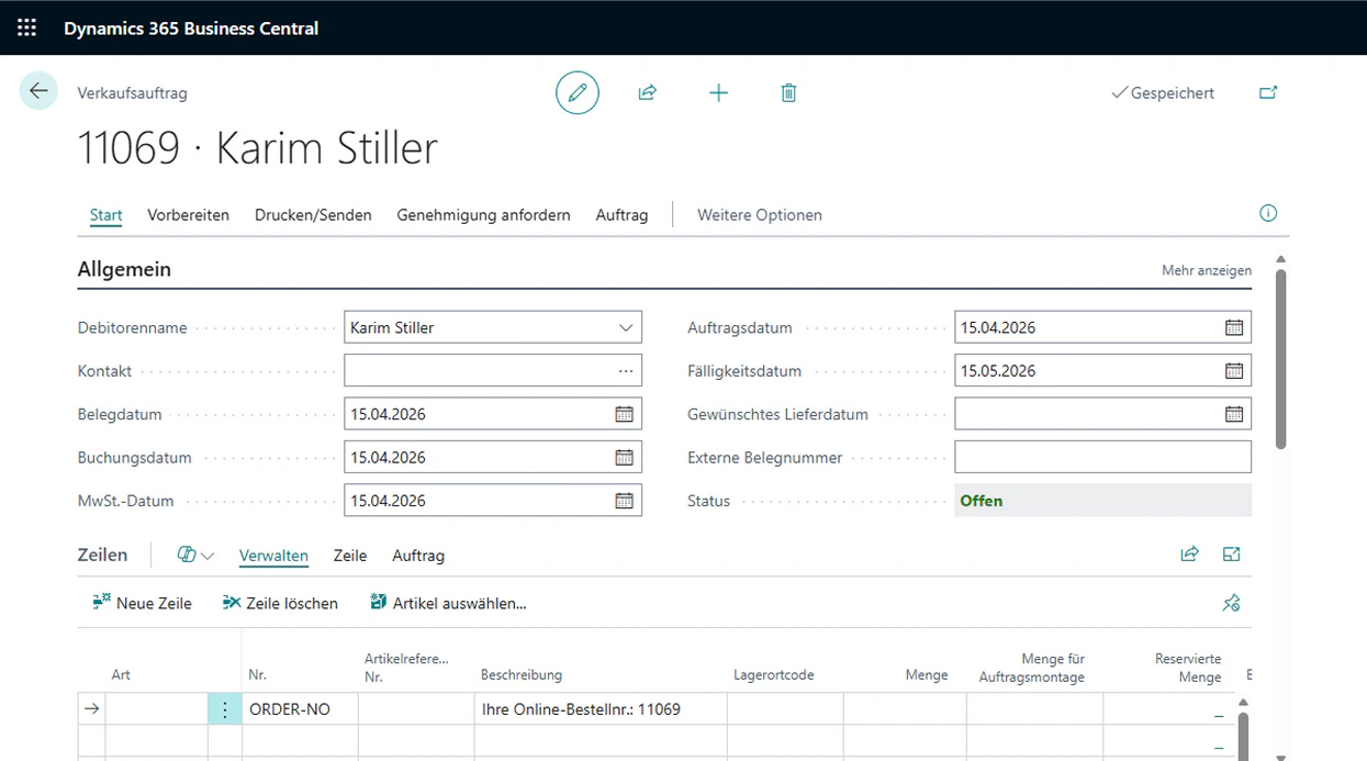 Benutzeroberfläche von Microsoft Dynamics 365 Business Central mit einem geöffneten Verkaufsauftrag.
