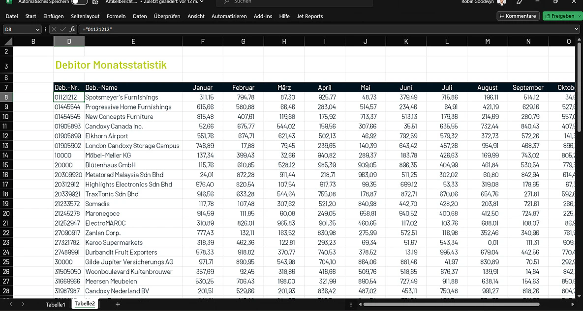 Excel-Tabelle mit Jet Reports Debitor Monatsstatistik und Finanzdaten.