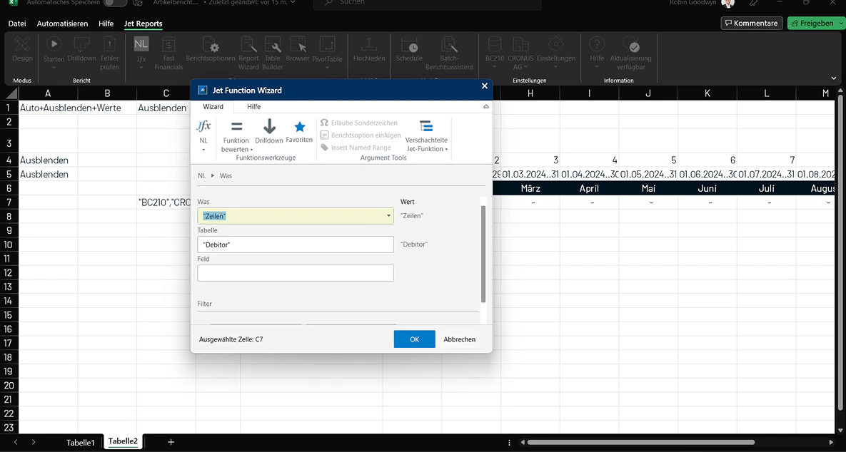 Microsoft Excel Benutzeroberfläche mit geöffnetem Jet Function Wizard für Dynamics 365 Business Central Berichte.