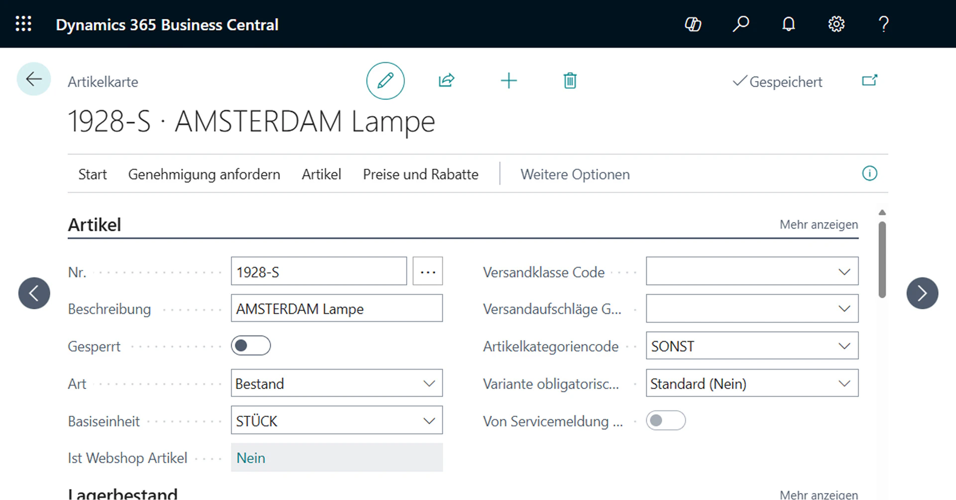 Artikelkarte für die Bestandsverwaltung einer Lampe in Microsoft Dynamics 365 Business Central.