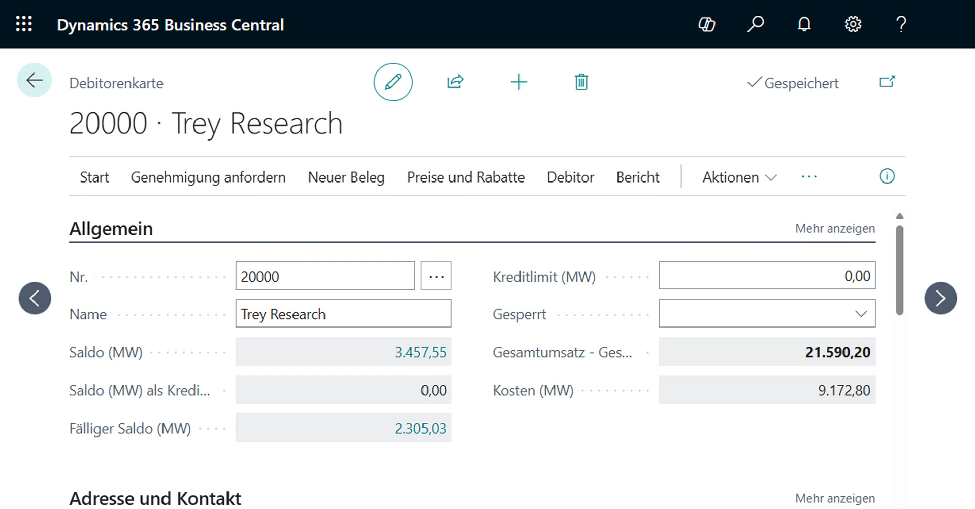 Debitorenkarte von Trey Research in der ERP-Software Microsoft Dynamics 365 Business Central.