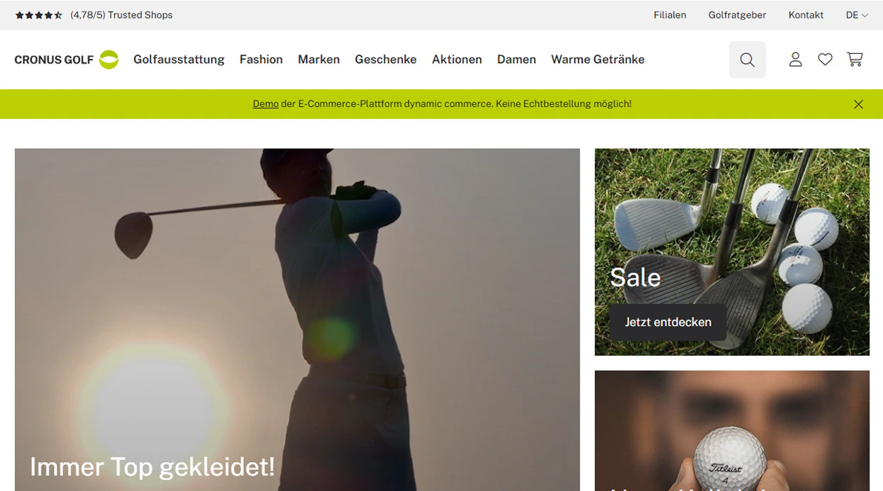 Benutzeroberfläche des Cronus Golf B2C-Onlineshops auf Basis von dynamic commerce.
