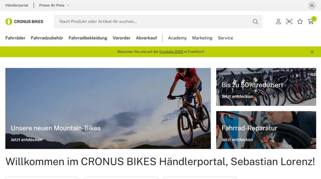 Benutzeroberfläche des CRONUS BIKES B2B-Händlerportals für Fahrräder und Zubehör.