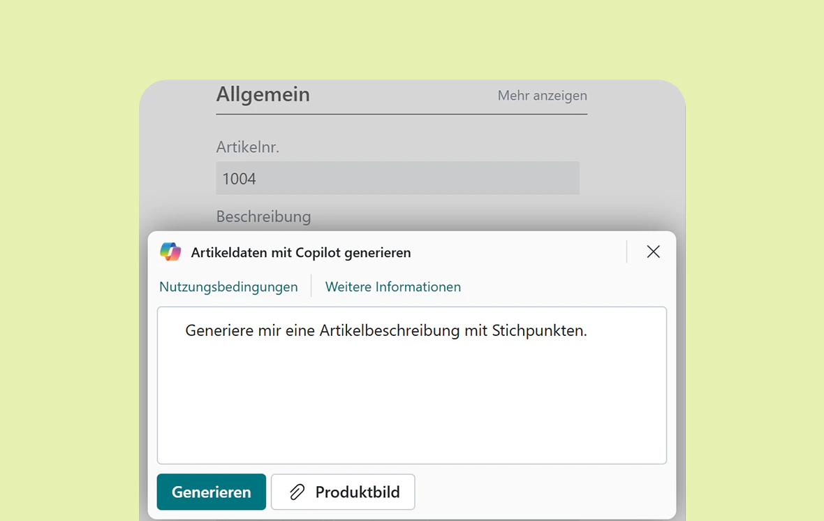 Eingabemaske von Dynamic Commerce zum Generieren von Artikeldaten mit Copilot.